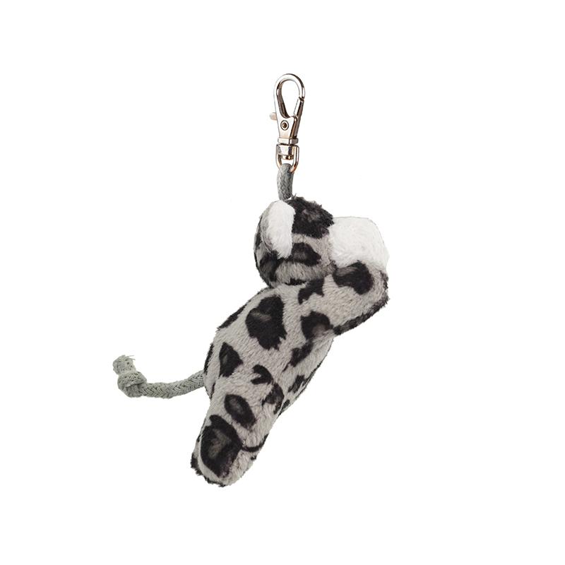 Plush toy snow leopard with a keychain clip on a white background