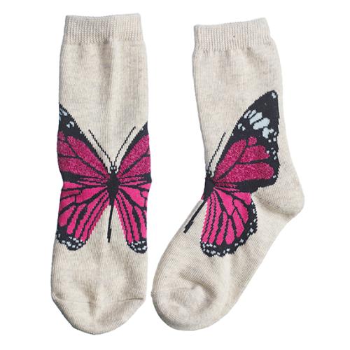 A pair of kids' socks with a butterfly pattern on a white background.