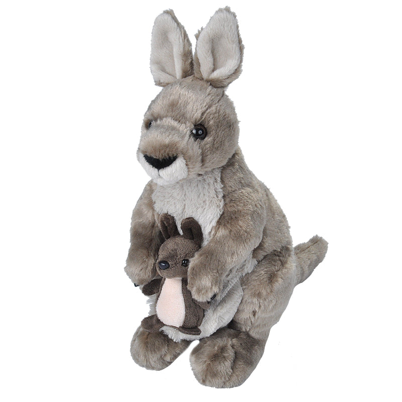 Plush toy kangaroo with baby on a white background