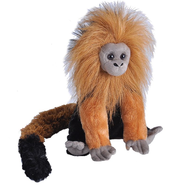 A plush toy resembling a Golden Lion Tamarin with a shiny golden coat and a realistic face and tail.