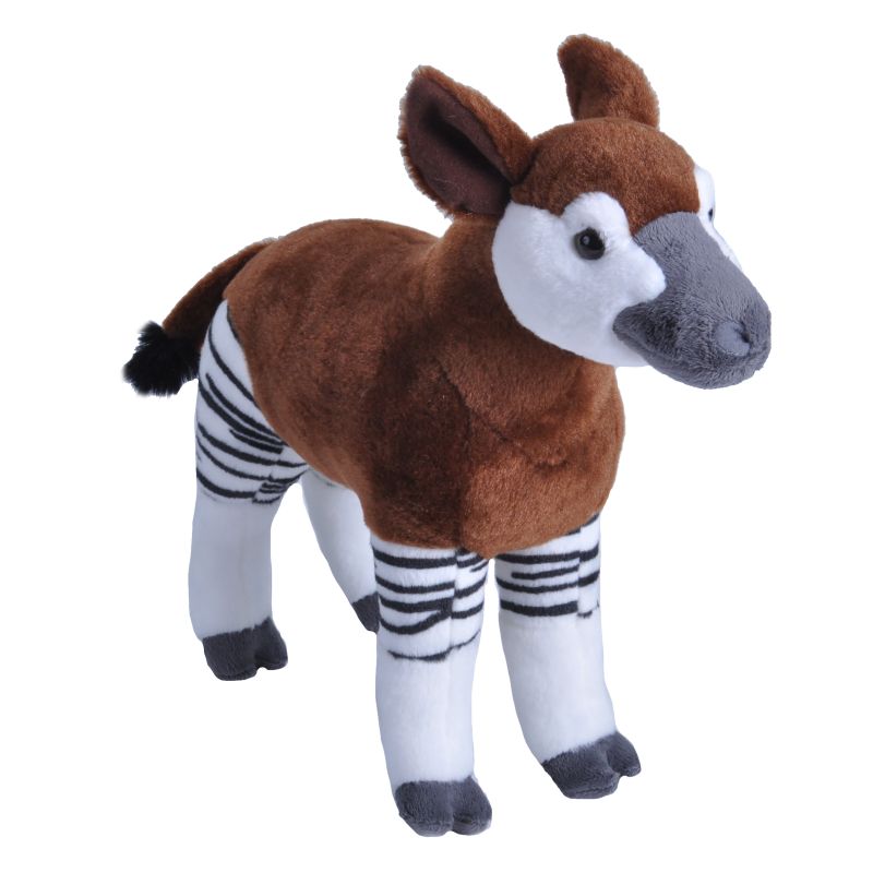 Plush okapi large soft toy with brown body, white stripes, and gray nose on a white background