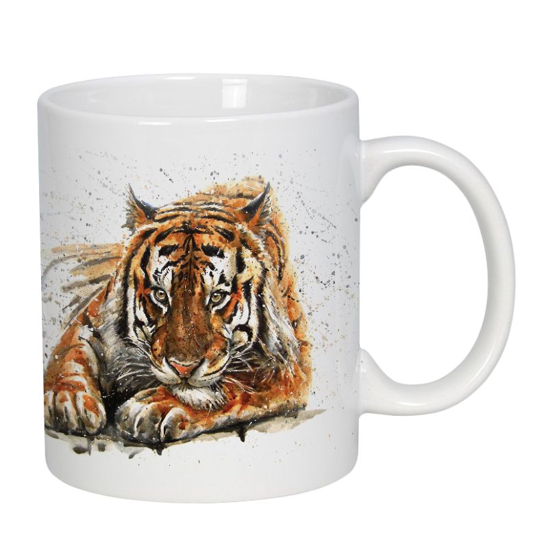 White mug with a tiger design on a white background