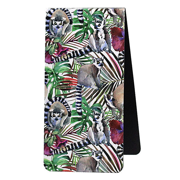 magnetic bookmark with lemur and tropical leaf design on a white background