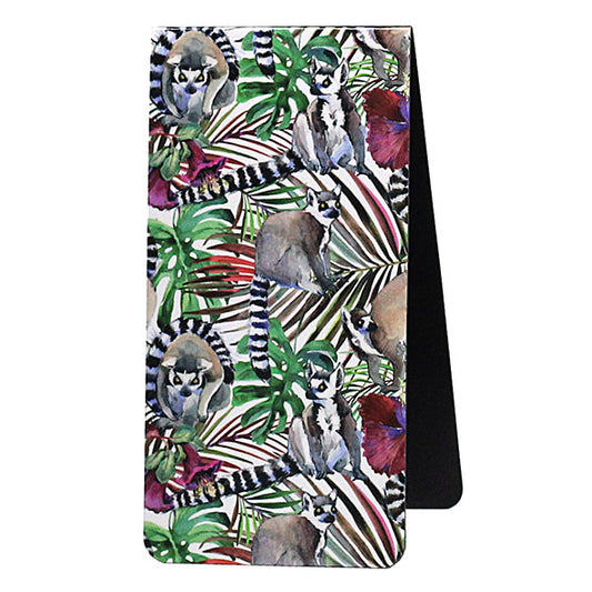 magnetic bookmark with lemur and tropical leaf design on a white background
