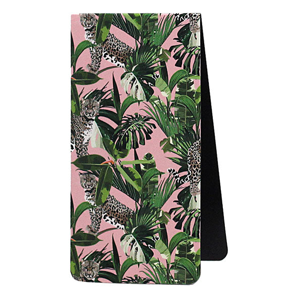 magnetic bookmark with tropical leaf and leopards on a pink background