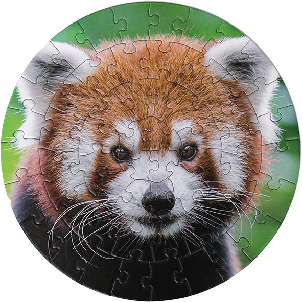 A round puzzle with 56 pieces featuring an image of a red panda.
