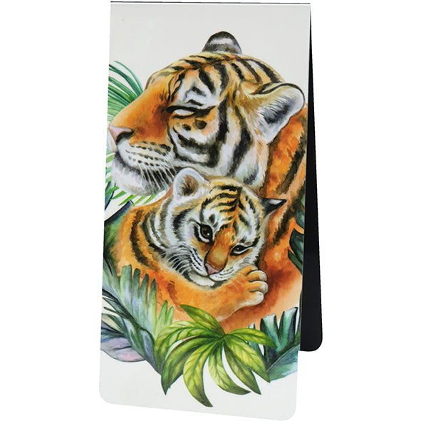 magnetic bookmark with illustration of a tiger with cub and green leaves on a white background
