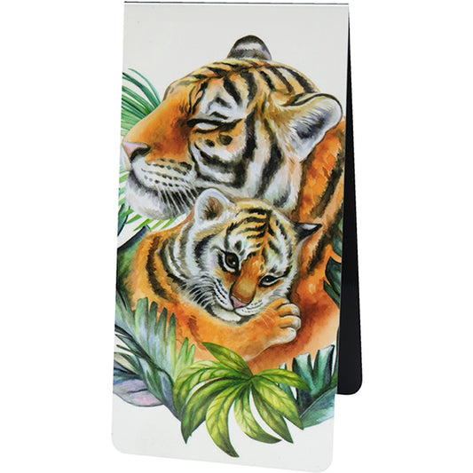 magnetic bookmark with illustration of a tiger with cub and green leaves on a white background