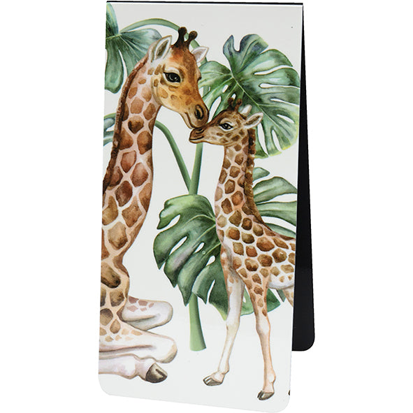 magnetic bookmark with illustration of a giraffe and baby and leaves on a white background