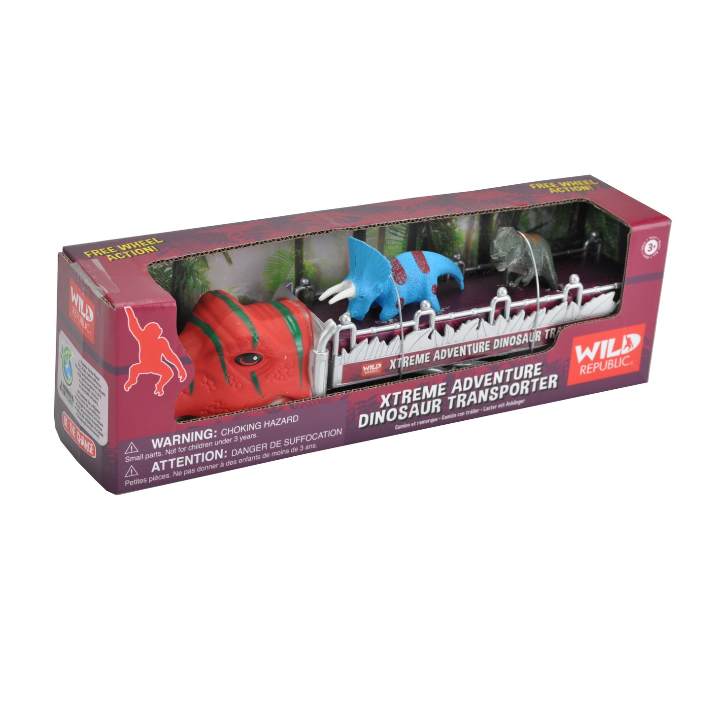 Boxed 'Xtreme Adventure Dinosaur Transporter' toy set with dinosaurs on a white background