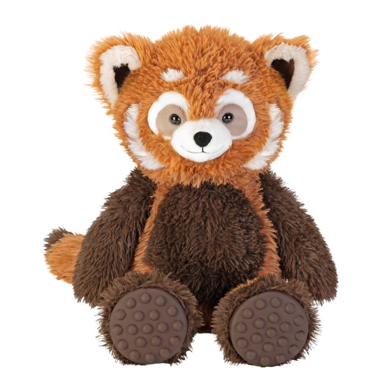 A plush red panda toy sitting upright against a plain white background. The stuffed animal has orange-brown fur, a darker brown body, white facial markings, and brown textured soles on its feet.
