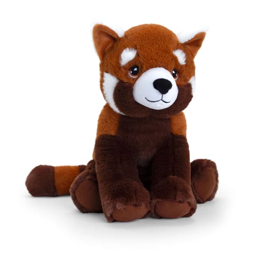 Plush toy red panda with brown fur and white accents on a white background