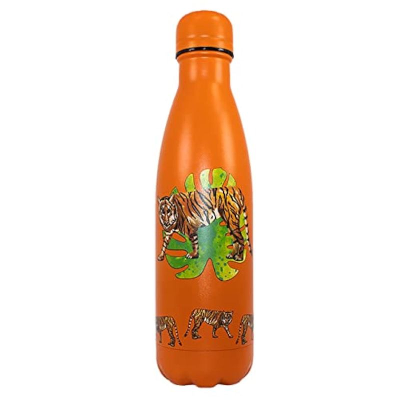 Orange water bottle with tiger design on a white background