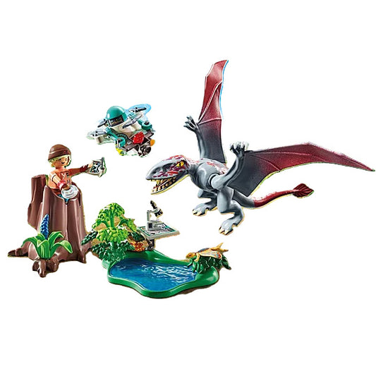 Toy set with a dinosaur, scientist, and other elements on a white background