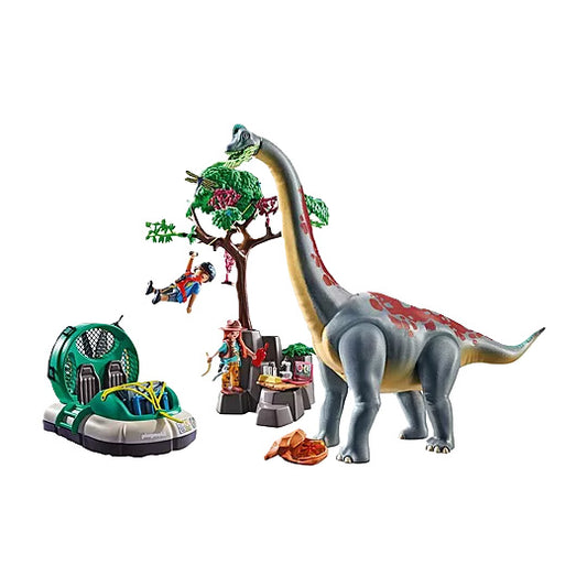 PLAYMOBIL Brachiosaurus dinosaur figure with a movable jaw, accompanied by a hovercraft and two toy researchers. One researcher is in the air with a zipline, and the other is on the ground focusing on documentation.