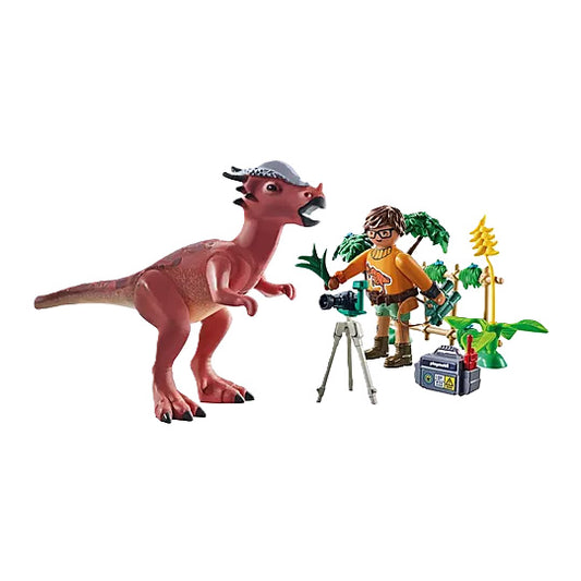 Toy dinosaur and explorer figure with equipment on a white background