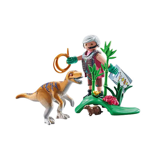 Toy figure of a person with a dinosaur and plants on a white background