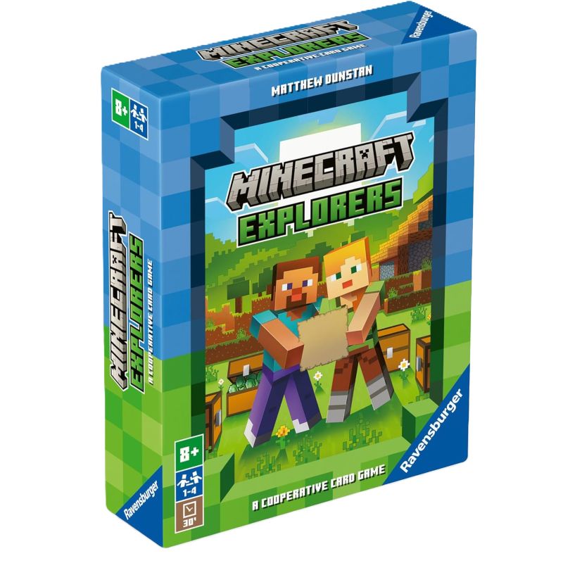 A box of the Ravensburger Minecraft Explorers Card Game featuring characters from the Minecraft series.