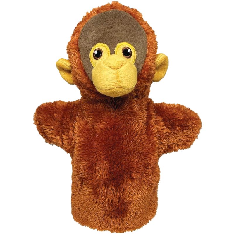 Plush orangutan hand puppet with organge beige fur on a white background