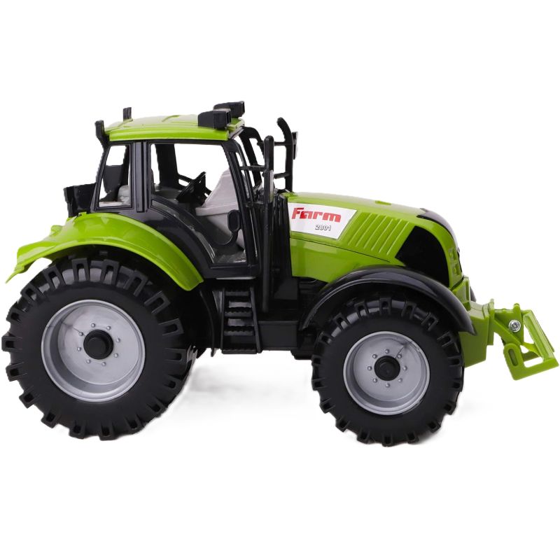 Toy tractor with green and black color scheme on a white background