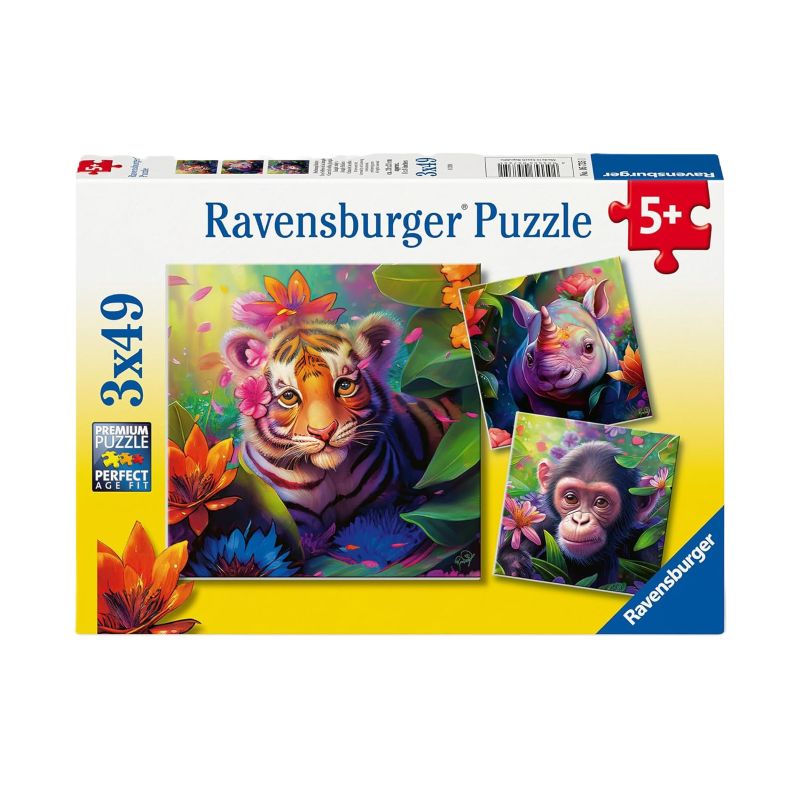 Packaging of Ravensburger Jungle Babies Jigsaw Puzzle featuring images of a tiger and a monkey with puzzle pieces visible.