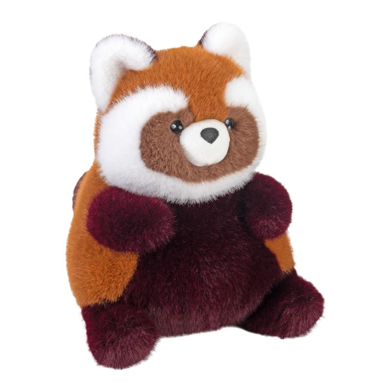 A plush red panda toy with orange-brown fur, white markings, and a dark burgundy outfit, photographed on a plain white background.