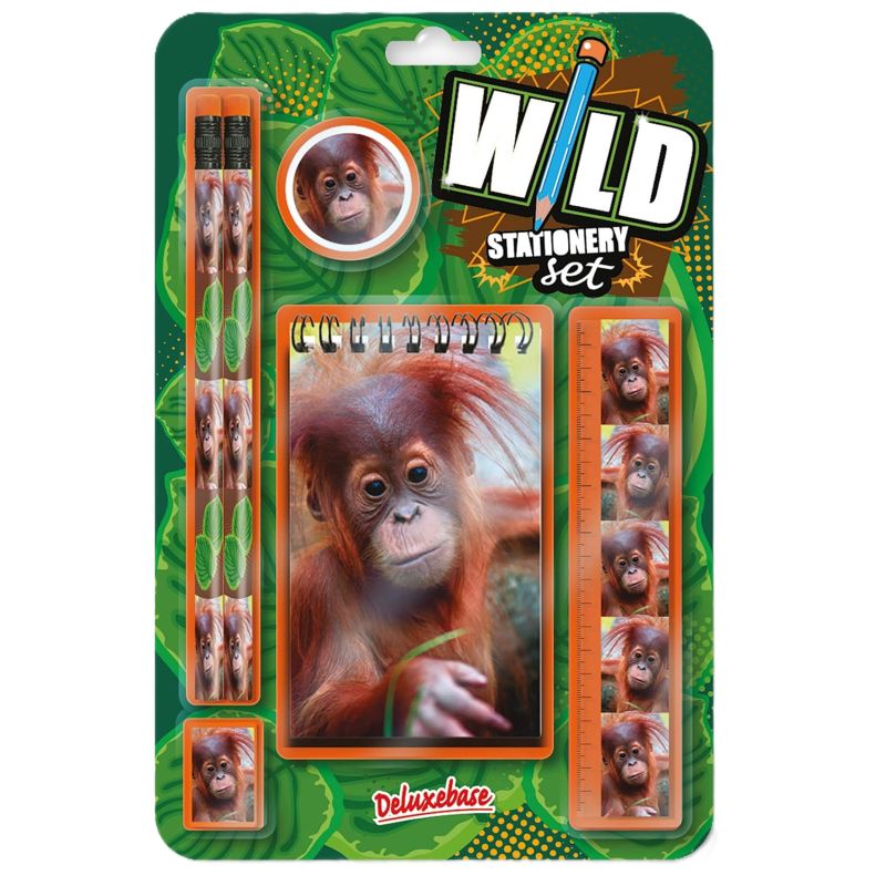 Wild stationery set packaging with an orangutan design on a green background
