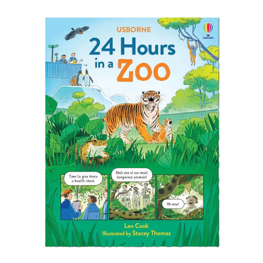 Book cover of '24 Hours in a Zoo' by Usborne with illustrations of animals and people.