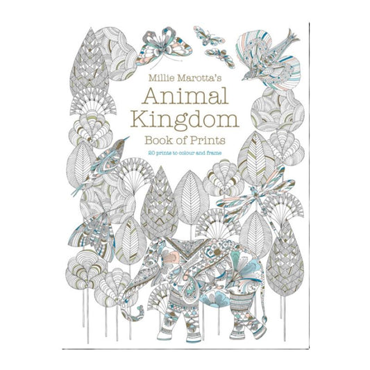Book cover of 'Animal Kingdom' by Millie Marotta with intricate animal illustrations on a white background.
