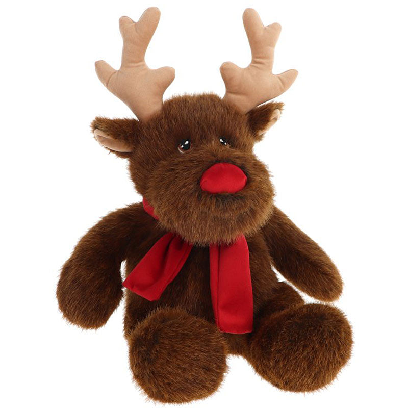 Plush reindeer toy with a red nose and a red scarf on a white background