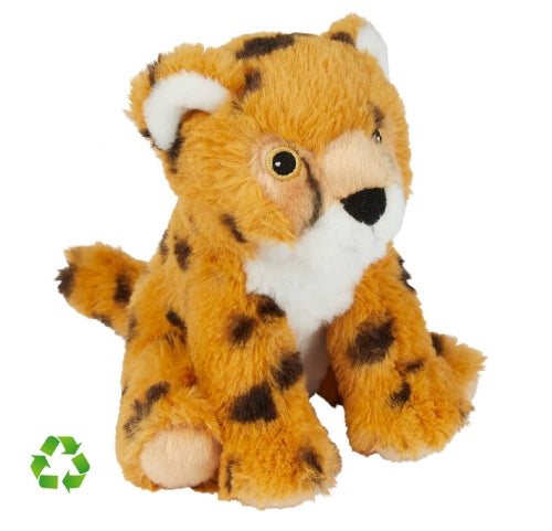 Plush toy cheetah with a recycling symbol on a white background