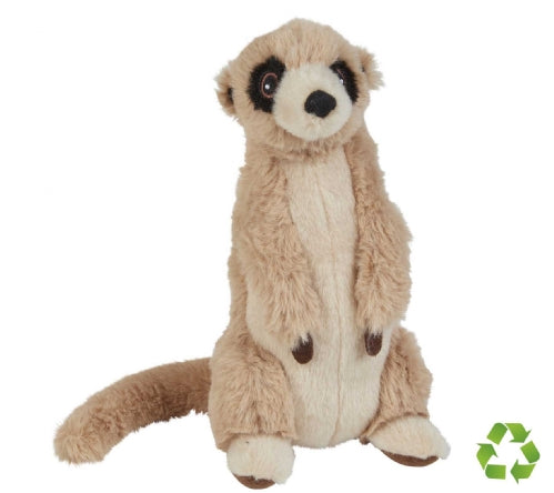 Plush meerkat toy on a white background with a recycling symbol.