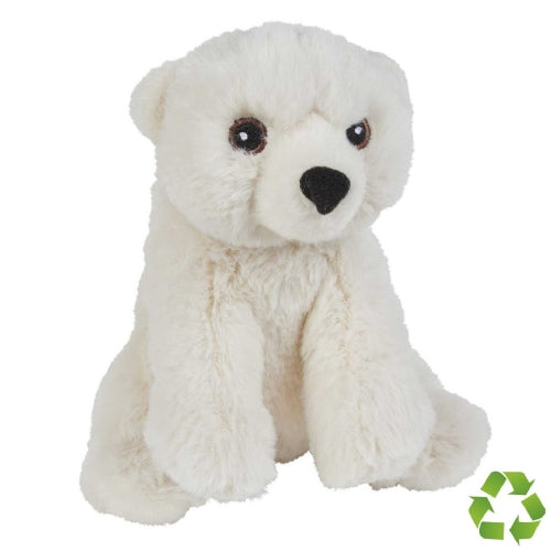 White plush bear toy with a recycling symbol on a white background
