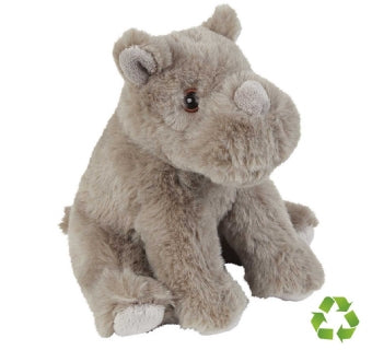 Plush toy rhino on a white background with a recycling symbol.