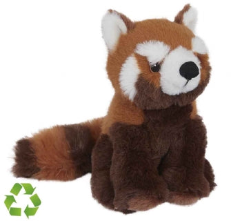 Plush toy red panda on a white background with a recycling symbol.