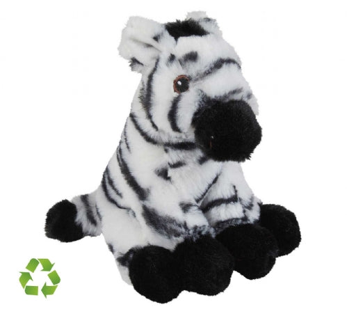 Plush zebra toy with a recycling symbol on a white background