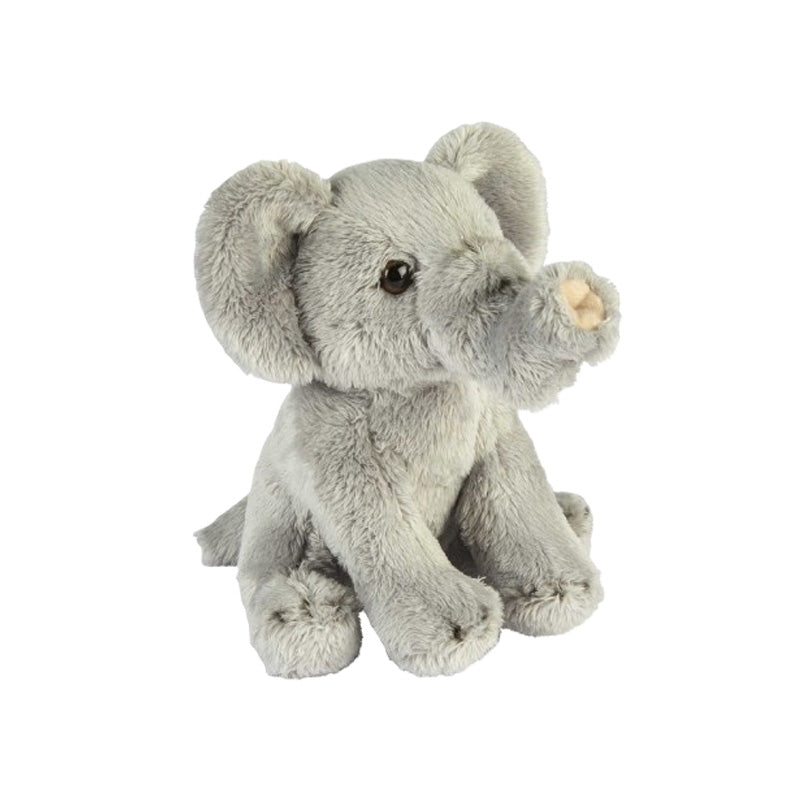 A small grey plush elephant toy sitting on a plain white background.