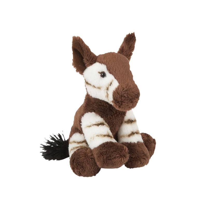 okapi small soft toy 15cm with brown and white plush and brown hooves on a white background