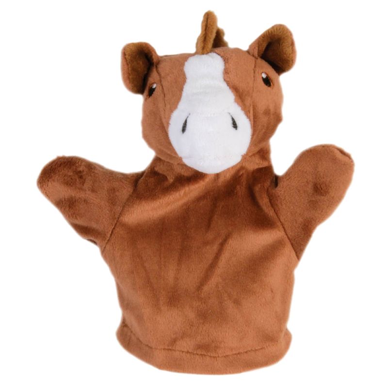 soft toy horse hand puppet with brown and white body and realistic embroidered eyes