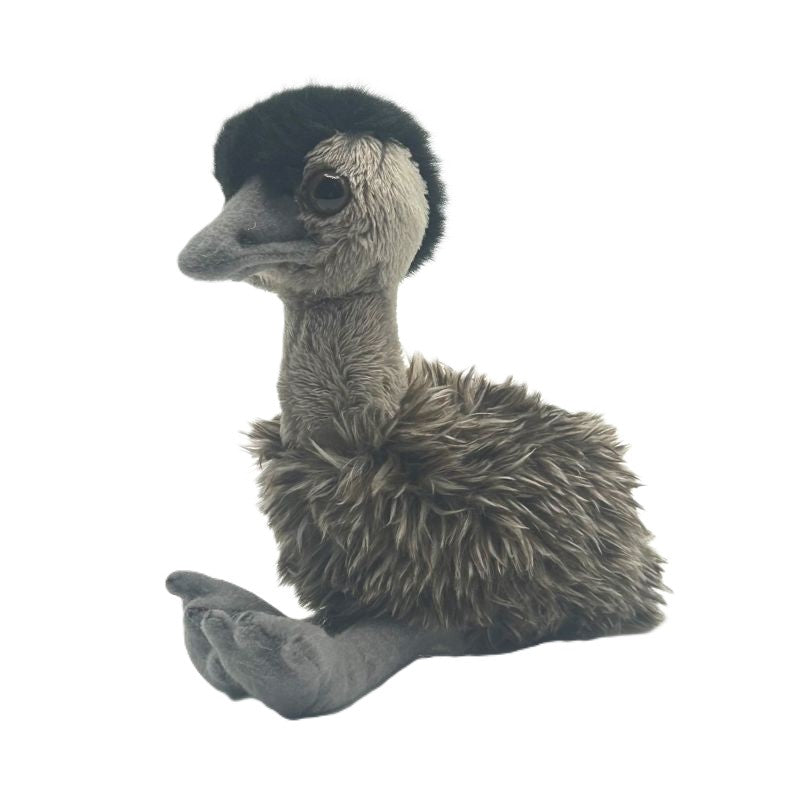 emu small soft toy 15cm with grey and black plush on a white background