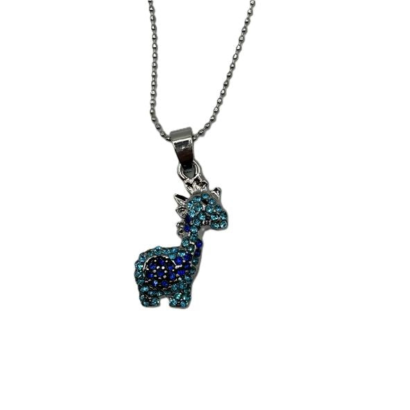 A necklace with a blue giraffe pendant adorned with colored sparkles, hanging on a chain.