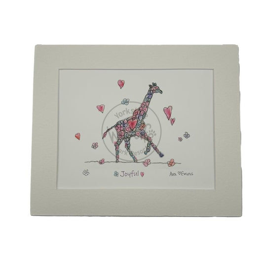 mounted artwork with a floral giraffe illustration and hearts on a white background
