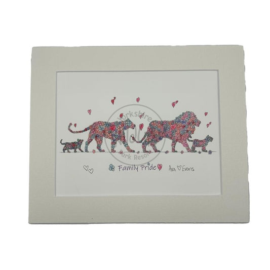 White mounted artwork of floral lion pride with text on a white background