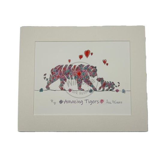 white mounted image with a floral tiger design and hearts on a white background
