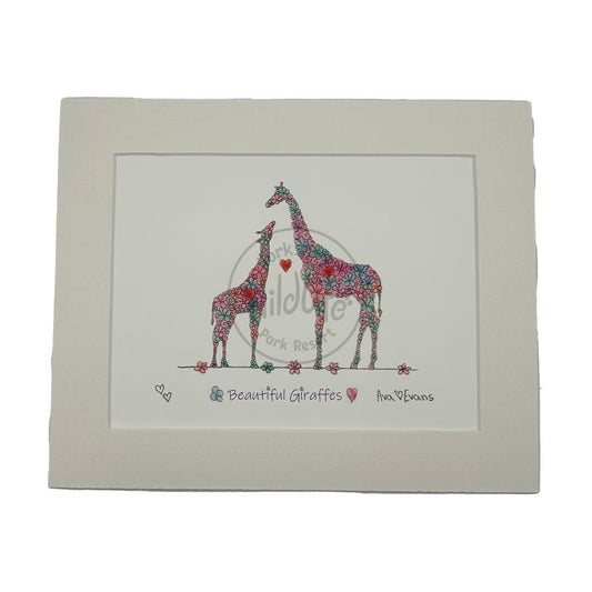 Floral-patterned giraffes with a heart on a white background in a white mount