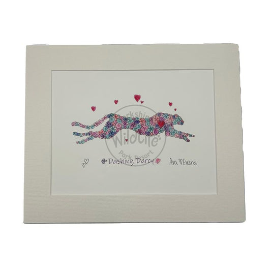 mounted artwork of a colorful cheetah illustration with hearts on a white background