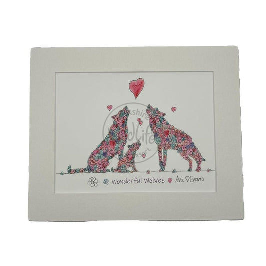 Floral illustration of wolves with a baby wolf and hearts on a white background