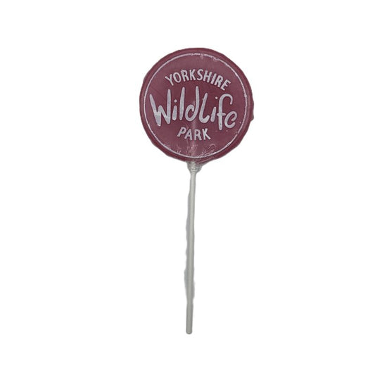 yorkshire wildlife park strawberry lollipop pink lollipop with white raised logo