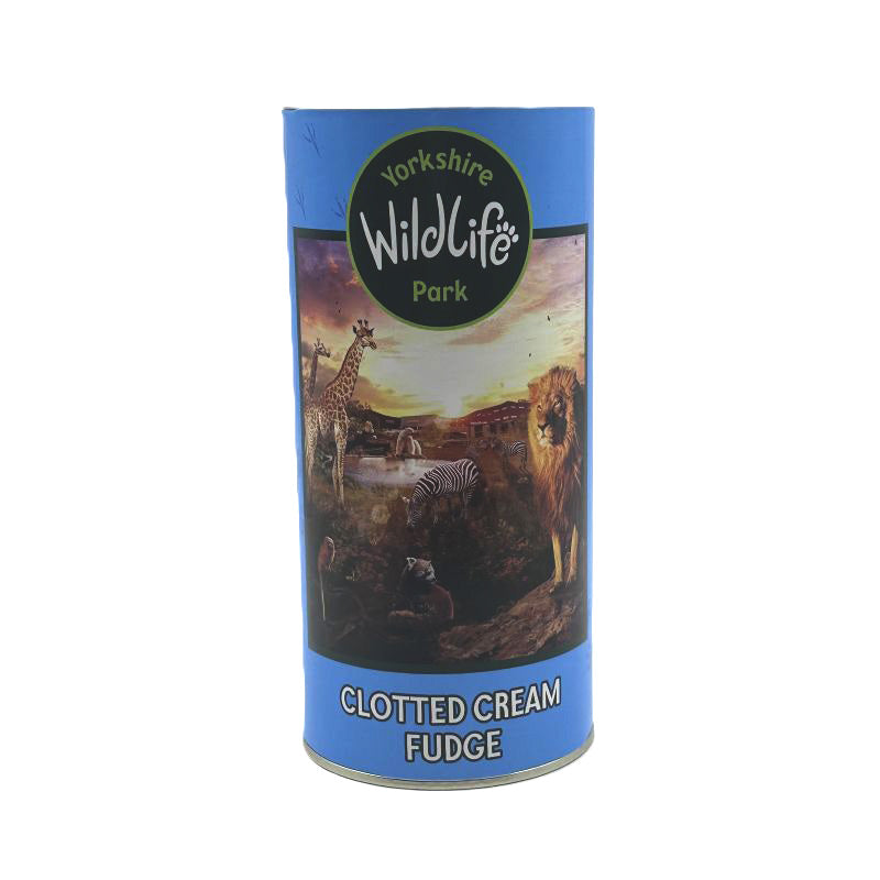 Tube of Yorkshire Wildlife Park Clotted Cream Fudge with animal illustrations on a blue background