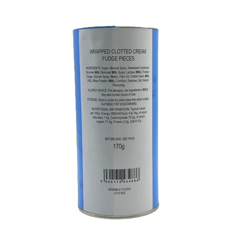 Tube of wrapped clotted cream fudge pieces with label on a white background